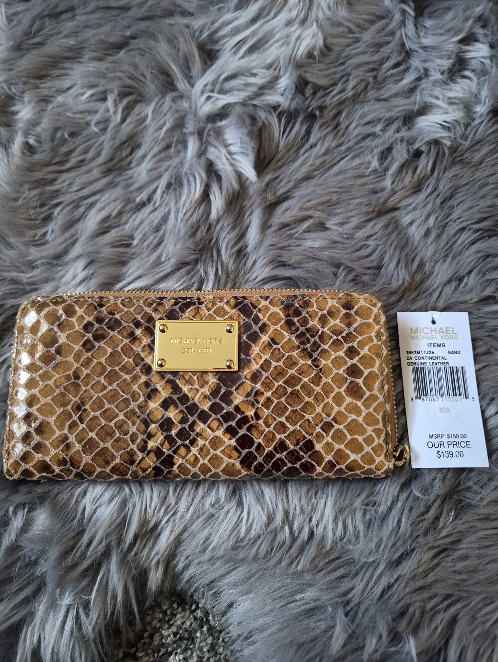 Michael Kors Sand Snake-Print Continental Wallet in Tan and Brown